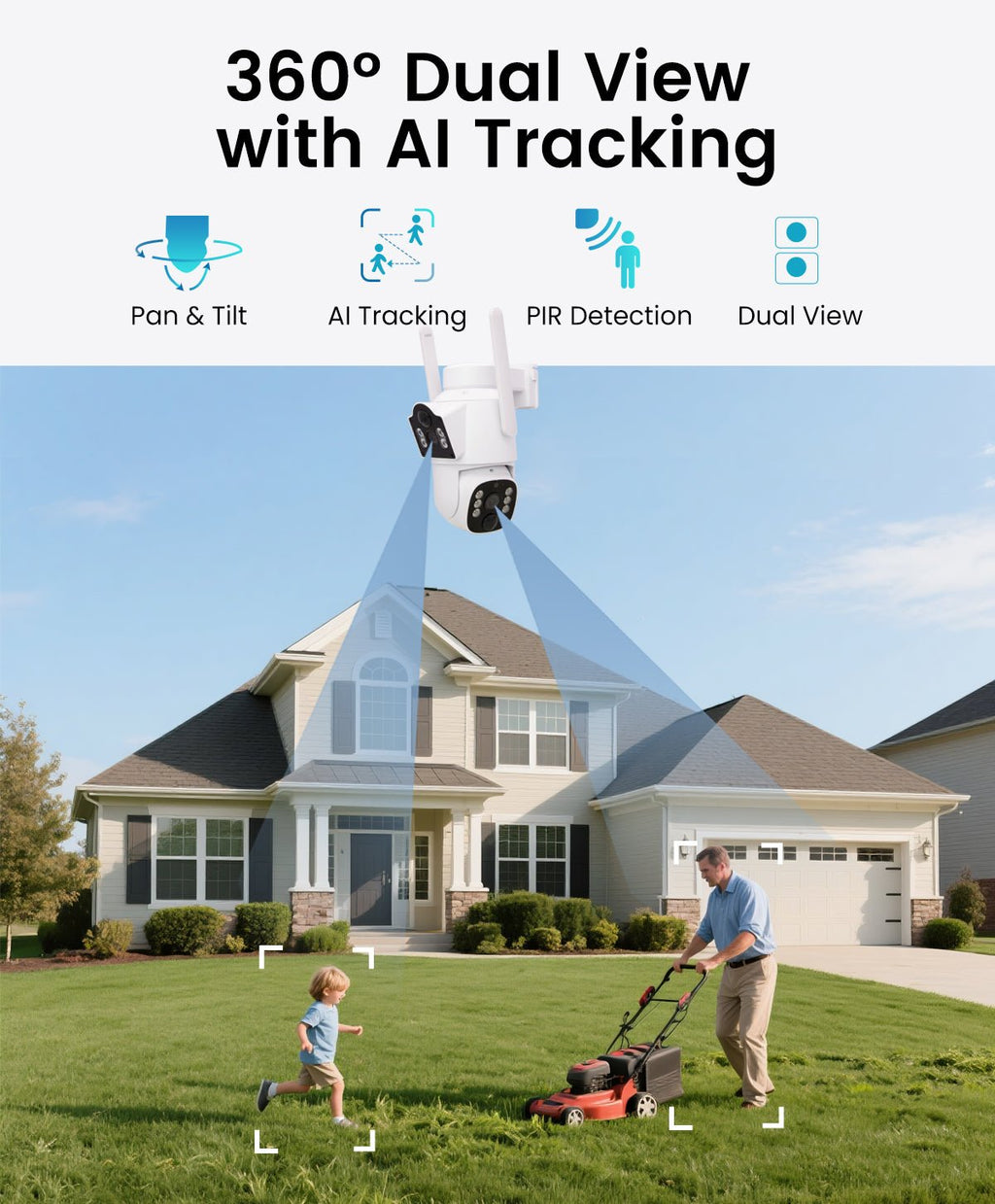 CasaCam Wireless Outdoor Camera, 4MP+4MP Dual Lens, Dual PIR Motion Sensors, Supports 2.4G/5G WiFi, Local SD Card & Cloud Storage, Auto Tracking, Human Detection, Color Night Vision - CasaCam