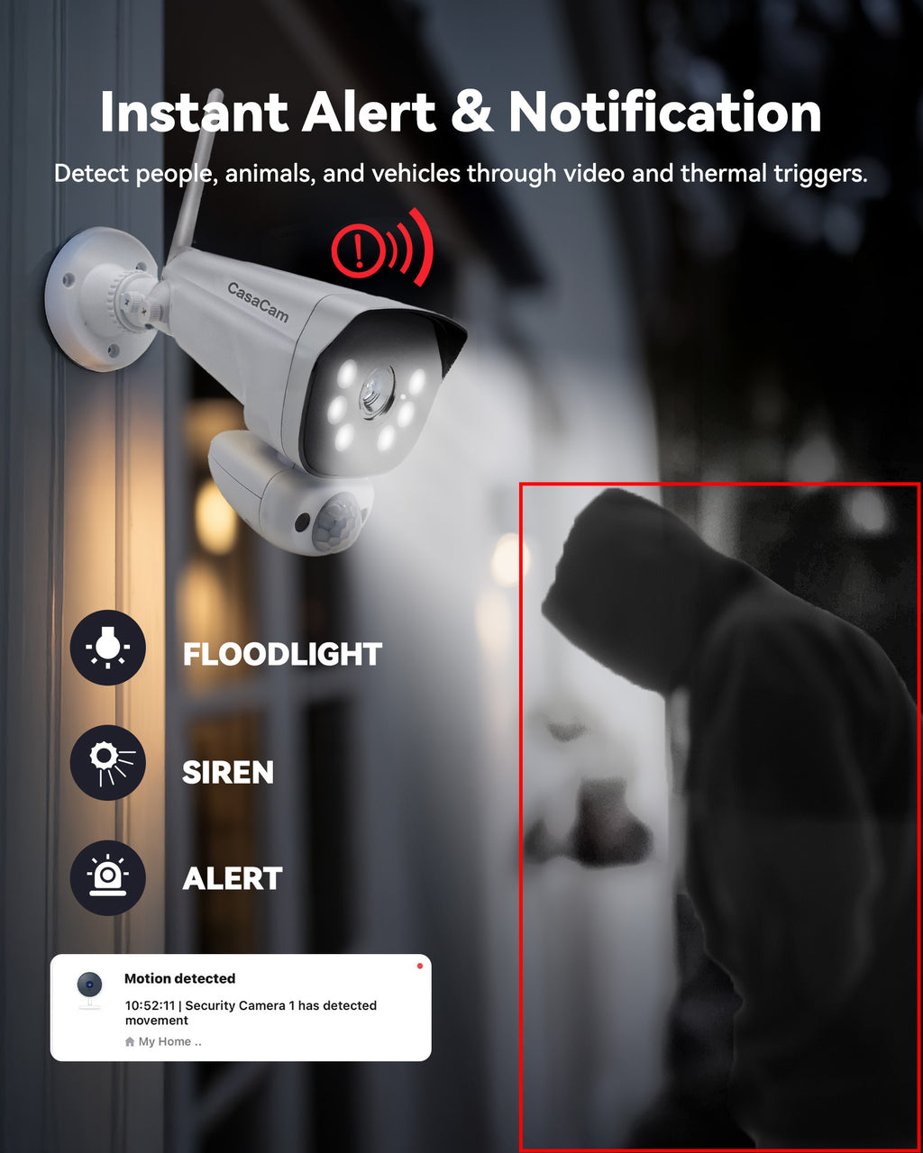 CasaCam GuardianCam Pro | 8 - Channel Wireless Security Camera System, 10.1” Touchscreen Monitor and 4 X 2K Outdoor Floodlight Cameras | AC Powered, Free App, 64GB Micro SD Card. Model VS6104 - 64 - CasaCam