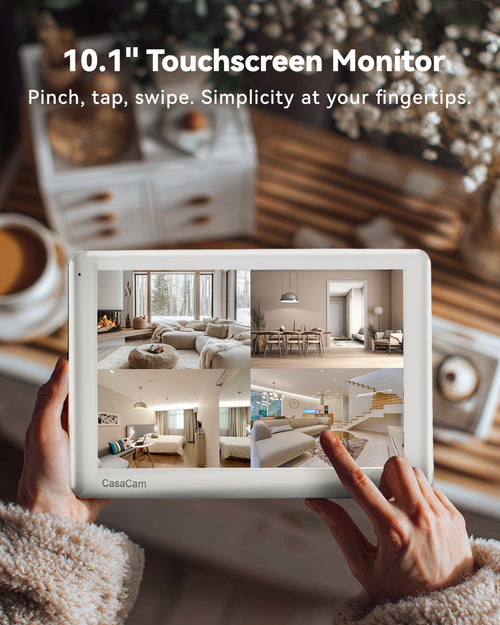 CasaCam GuardianCam Pro | 8 - Channel Wireless Security Camera System, 10.1” Touchscreen Monitor and 4 X 2K Outdoor Floodlight Cameras | AC Powered, Free App, 64GB Micro SD Card. Model VS6104 - 64 - CasaCam