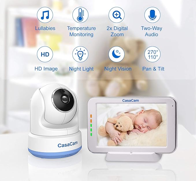 CasaCam BM200 Video Baby Monitor with 5" Touchscreen and HD Pan & Tilt Camera, Two Way Audio, Lullabies, Nightlight, Automatic Night Vision and Temperature Monitoring Capability - CasaCam
