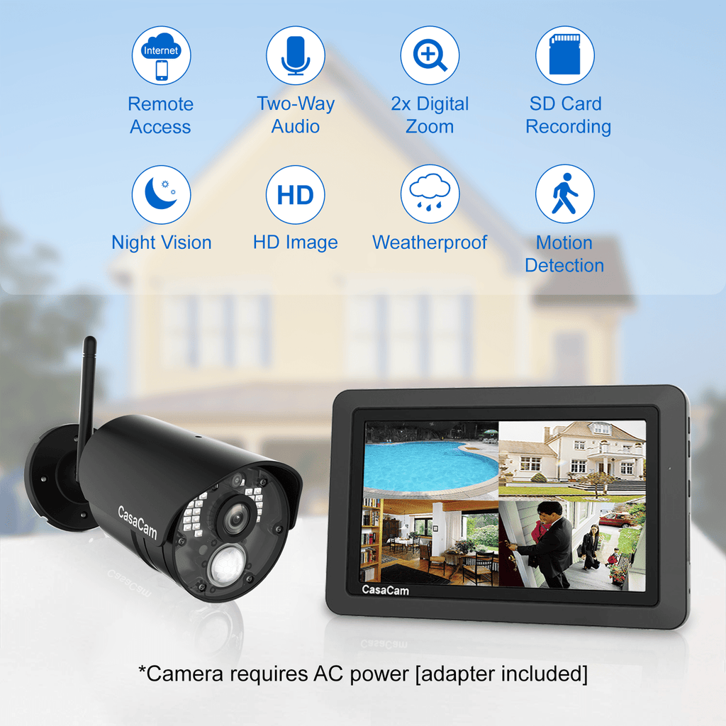 CasaCam Wireless Security Camera System | 7" Touchscreen Monitor and 2 HD Cameras | AC Powered, Two - Way Audio, Free APP, 32GB SD Card and Battery Installed, Model VS802 - CasaCam