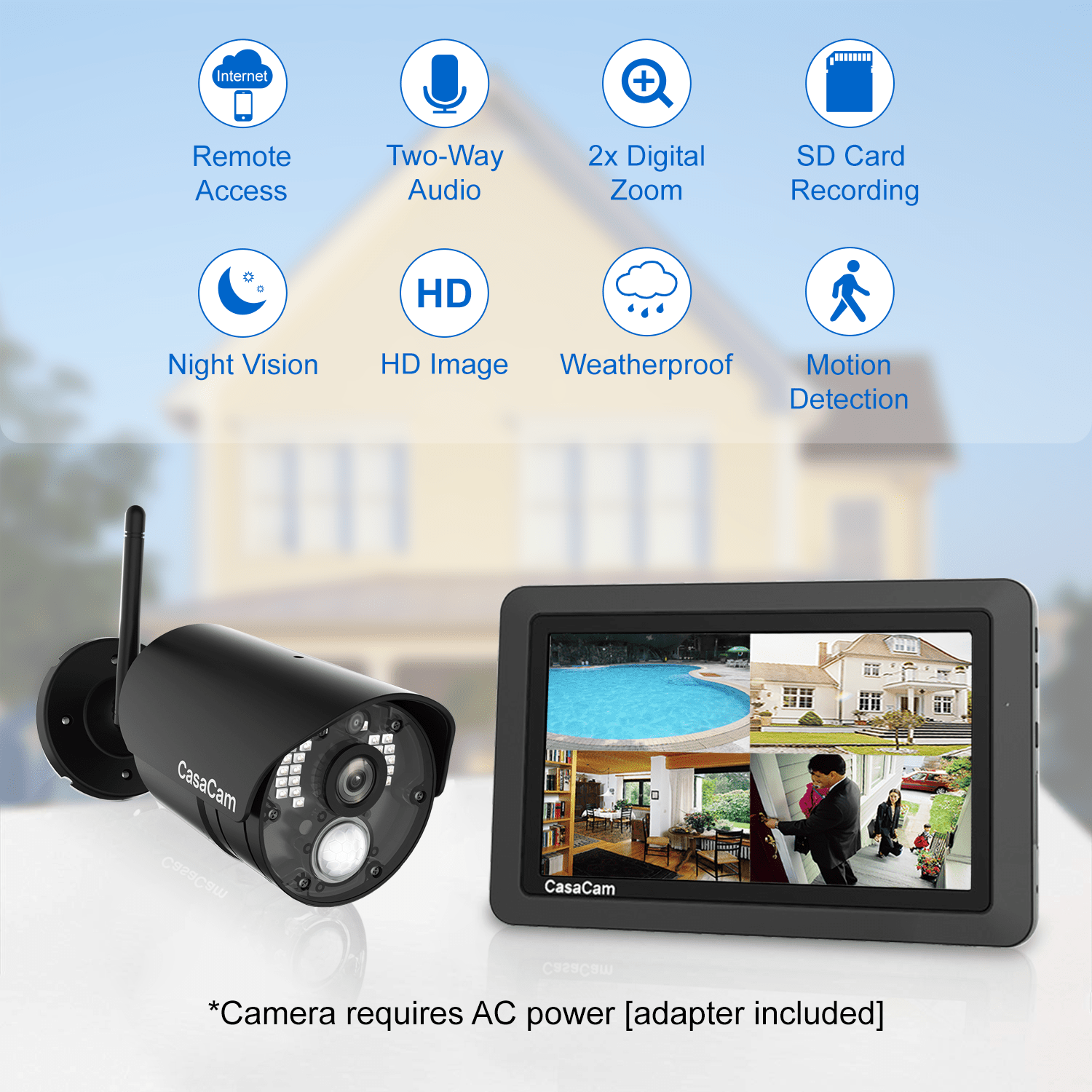 CasaCam Wireless Security Camera System | 7" Touchscreen Monitor and 2 HD Cameras | AC Powered, Two - Way Audio, Free APP, 32GB SD Card and Battery Installed, Model VS802 - CasaCam