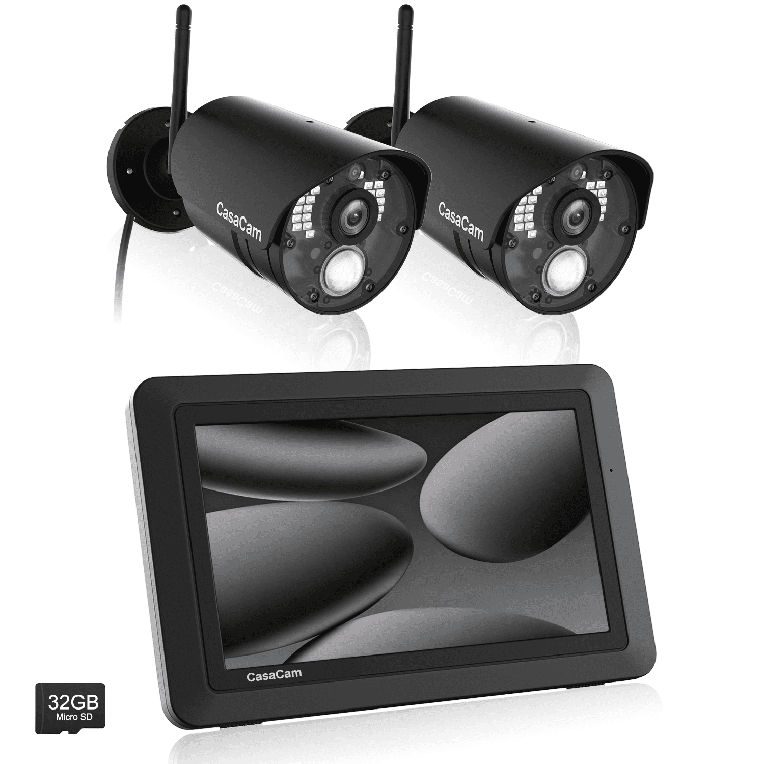 CasaCam Wireless Security Camera System | 7" Touchscreen Monitor and 2 HD Cameras | AC Powered, Two - Way Audio, Free APP, 32GB SD Card and Battery Installed, Model VS802 - CasaCam