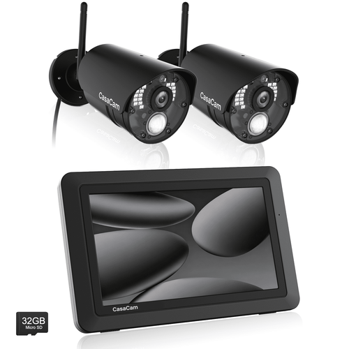 CasaCam Wireless Security Camera System | 7" Touchscreen Monitor and 2 HD Cameras | AC Powered, Two - Way Audio, Free APP, 32GB SD Card and Battery Installed, Model VS802 - CasaCam