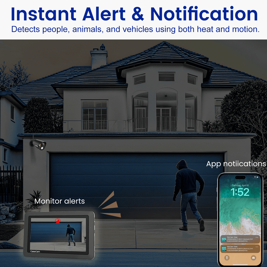 CasaCam Wireless Security Camera System | 7" Touchscreen Monitor and 2 HD Cameras | AC Powered, Two - Way Audio, Free APP, 32GB SD Card and Battery Installed, Model VS802 - CasaCam